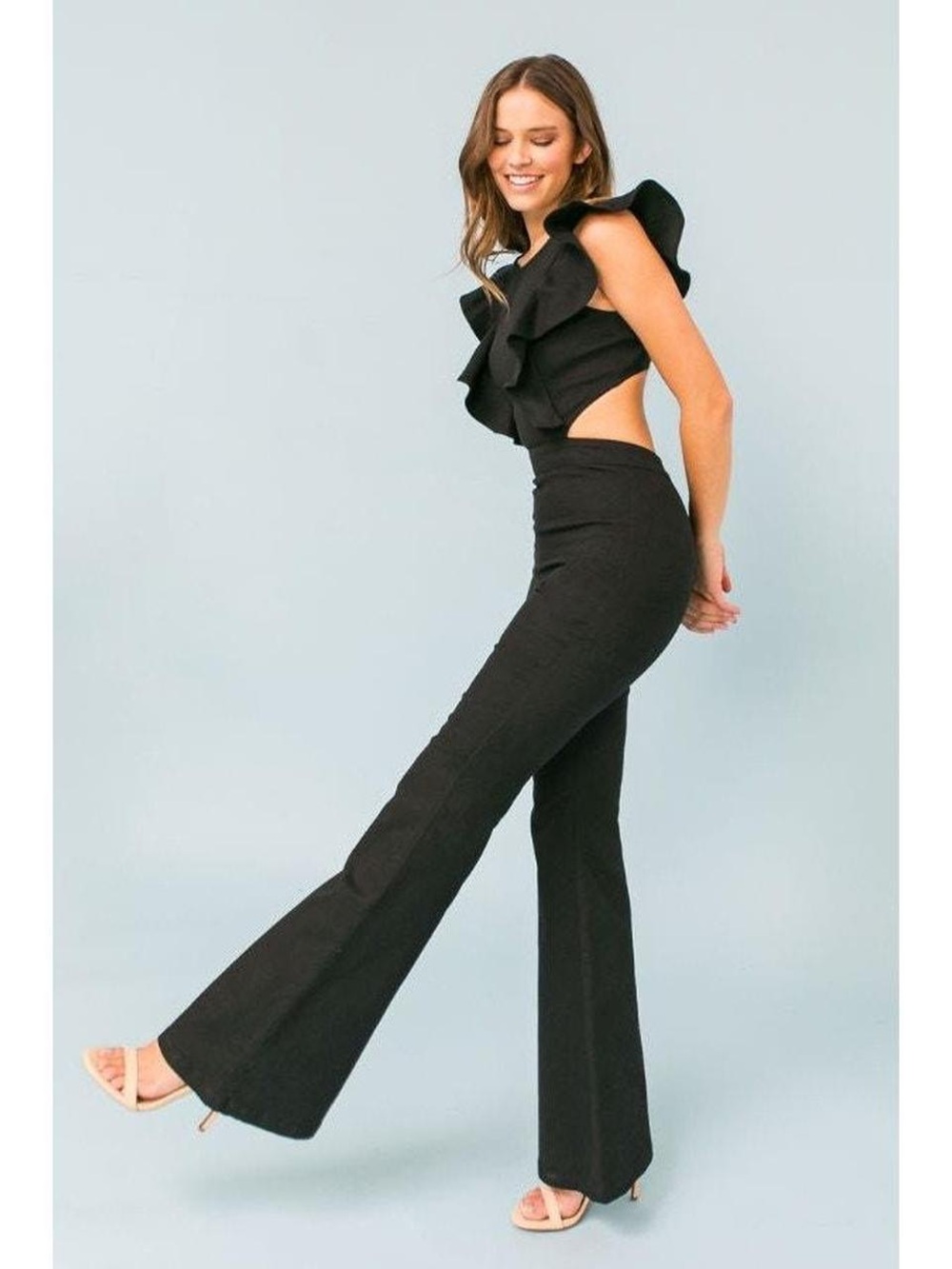 Dry Goods Black Ruffle Cutout Flared Jumpsuit